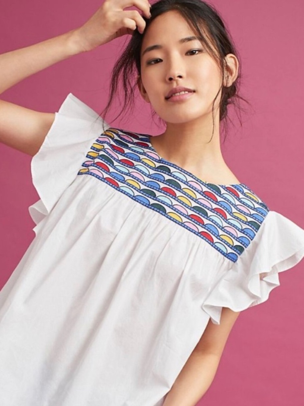 WHIT TWO Anthropologie Embroidered Flutter Sleeve Top White Rainbow Yoke Size LP - Picture 11 of 16